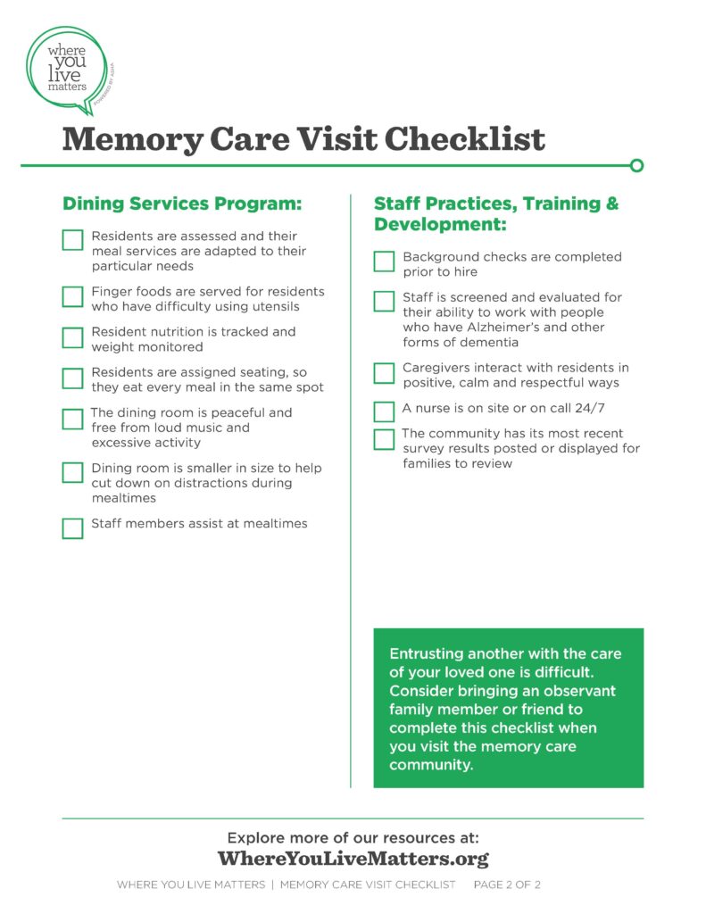memory care visit checklist, second section